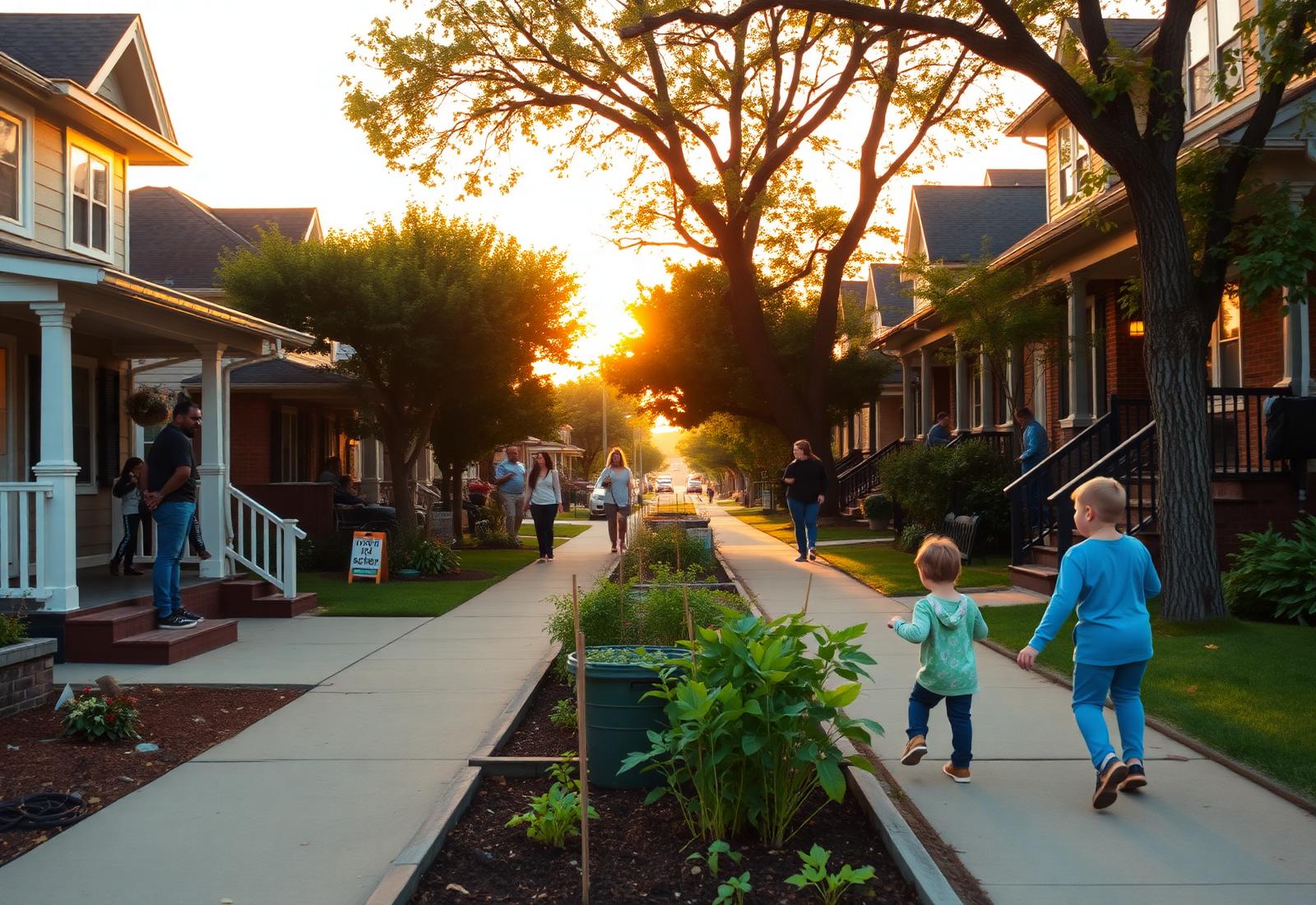 Residents on a tree-lined neighborhood street at golden hour