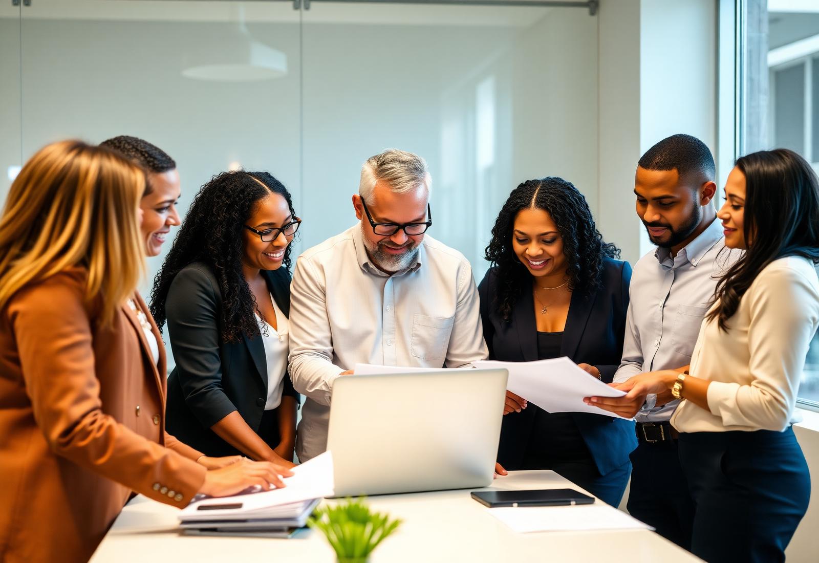 Diverse housing authority professionals collaborating in a modern office