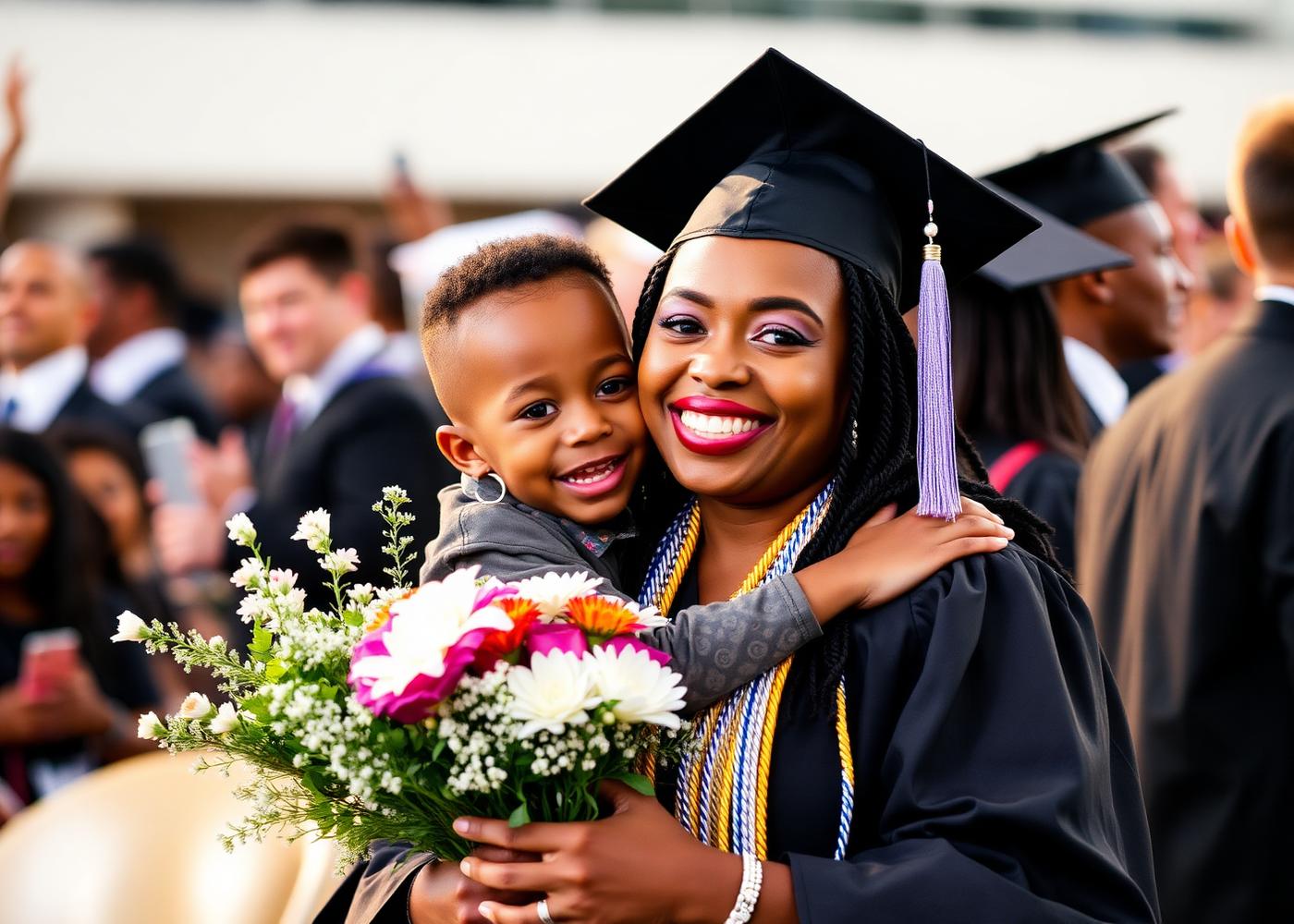 A proud single mother in graduation cap and gown holding flowers with her child